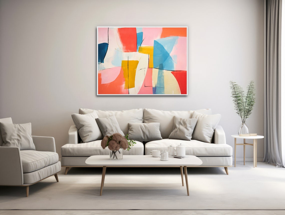 Vibrant Pastel Abstract Painting Coral Pink Teal Mustard Yellow Poster - Image 3