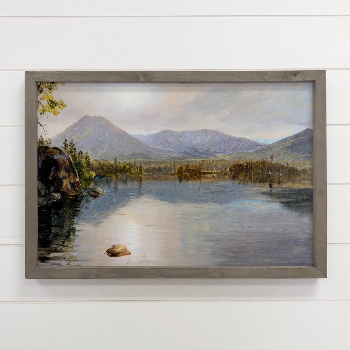 Serene Mountain Lake Reflection Landscape Art Print for Cabin Decor