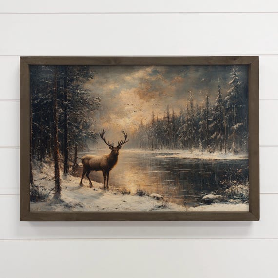 Winter Lone Deer Canvas Wall Art Wood Framed