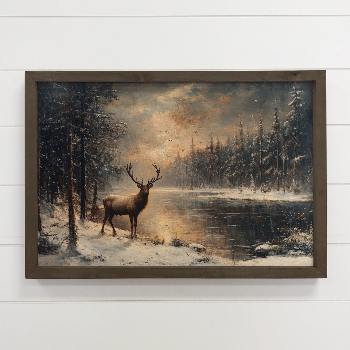 Majestic Winter Stag by Frozen Lake Snowy Pine Forest Oil Art Poster