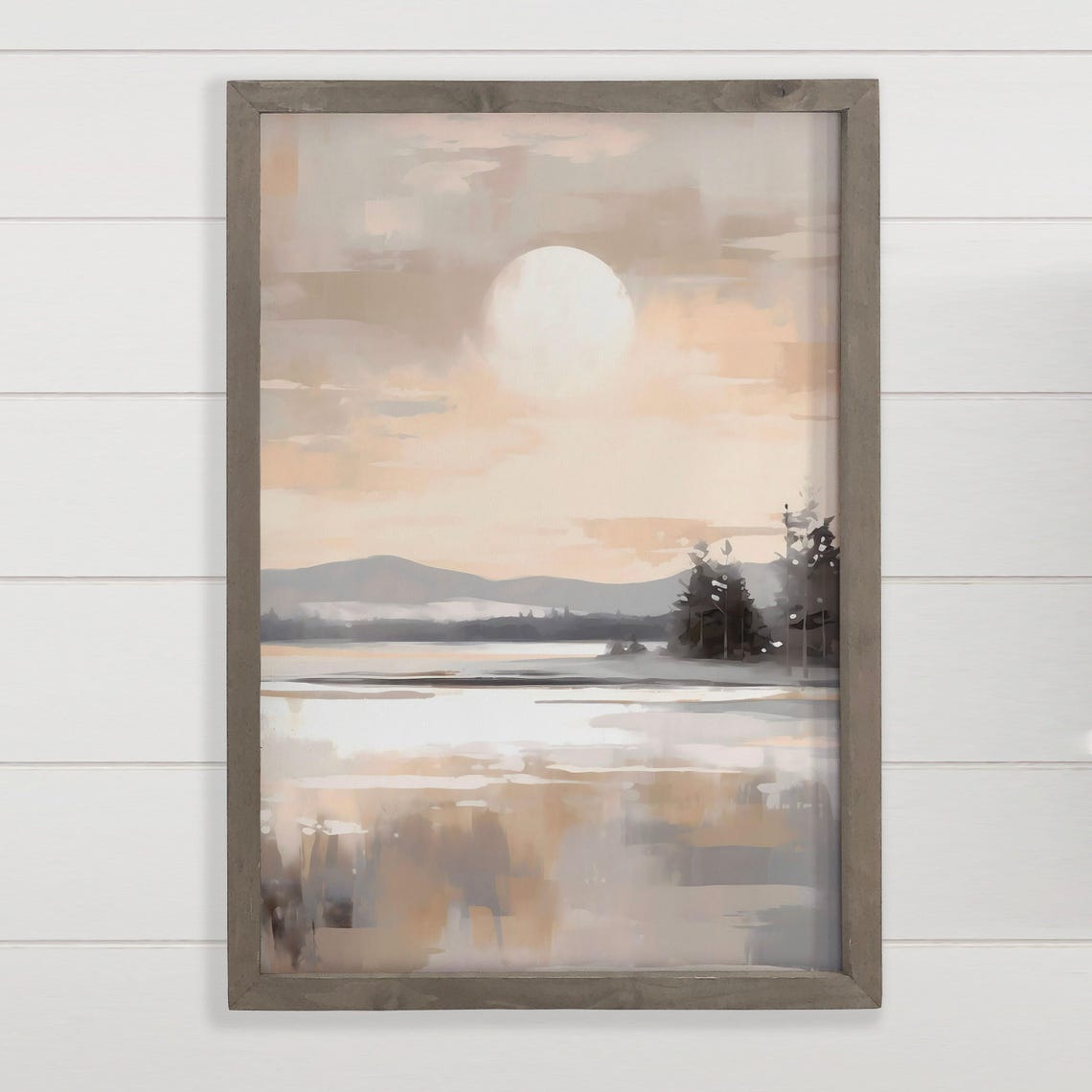 Gray Glowing Lakescape Moonrise Over Calm Lake Nature Wall Art