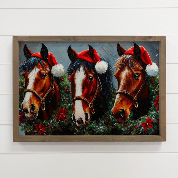 Three Christmas Horses Wearing Santa Hats Poinsettia Wreath Art Poster