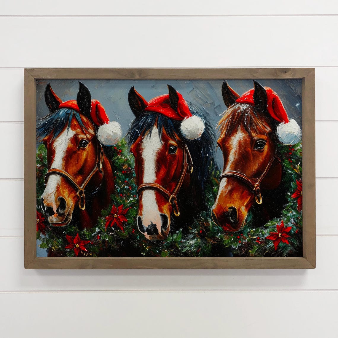 Three Christmas Horses Wearing Santa Hats Poinsettia Wreath Art Poster