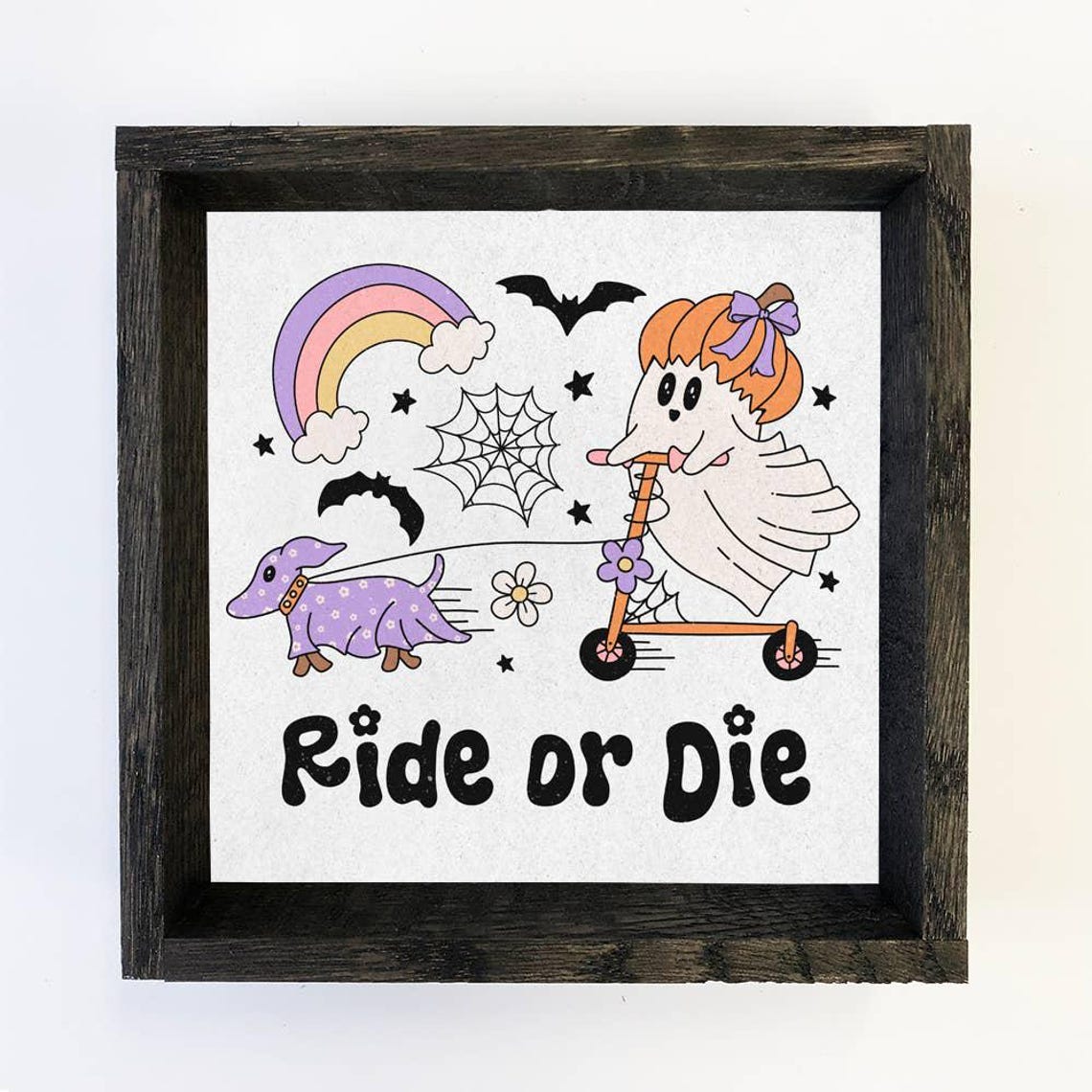 Ride Or Die Cute Ghost Scooter Halloween Dachshund Retro Art Poster
