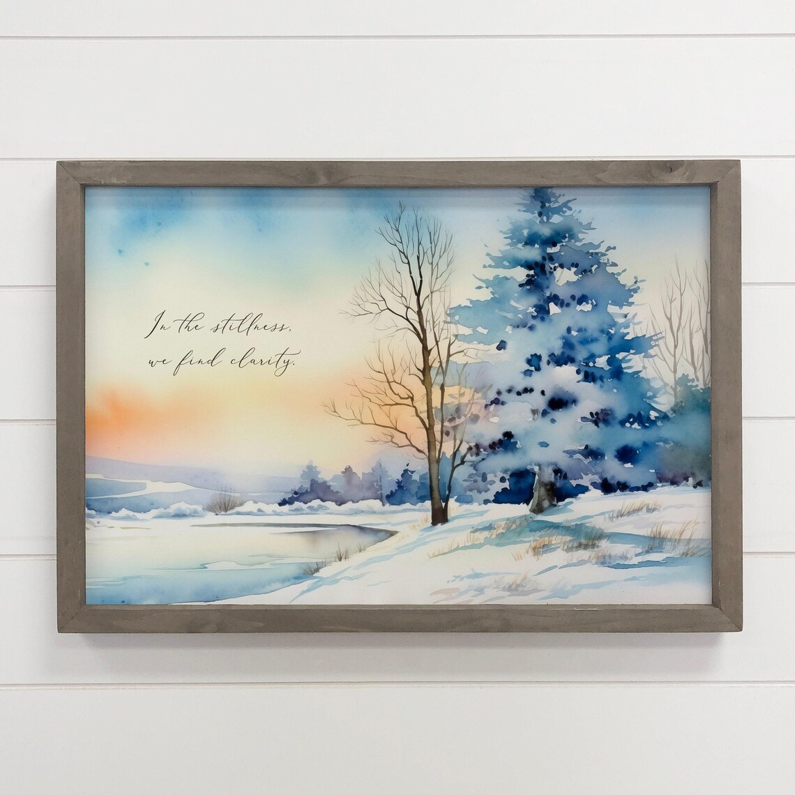 In the Stillness We Find Clarity Snowy Winter Lake Quote Poster