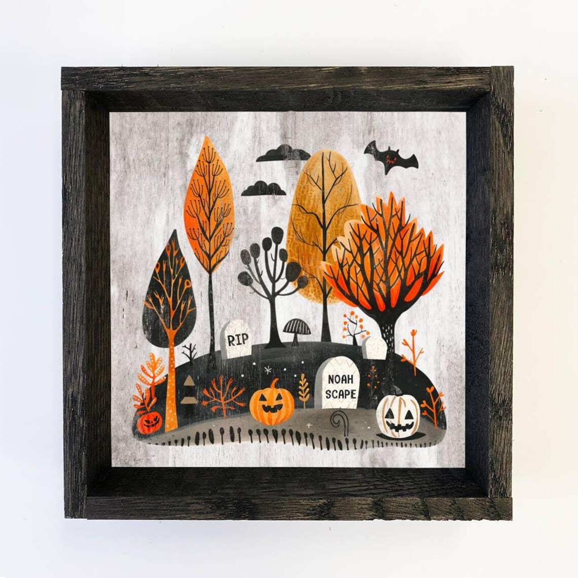 Folk Halloween Cemetery Scene with Pumpkins and Autumn Trees Poster