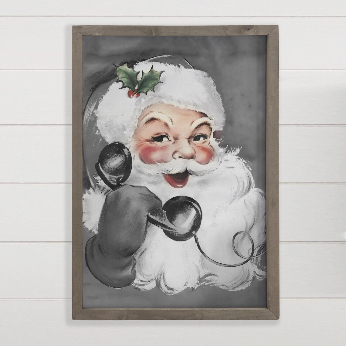Vintage Santa Claus on Retro Telephone Holly Hat Christmas Art Poster