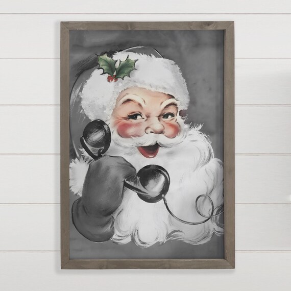 Vintage Santa Claus on Retro Telephone Holly Hat Christmas Art Poster