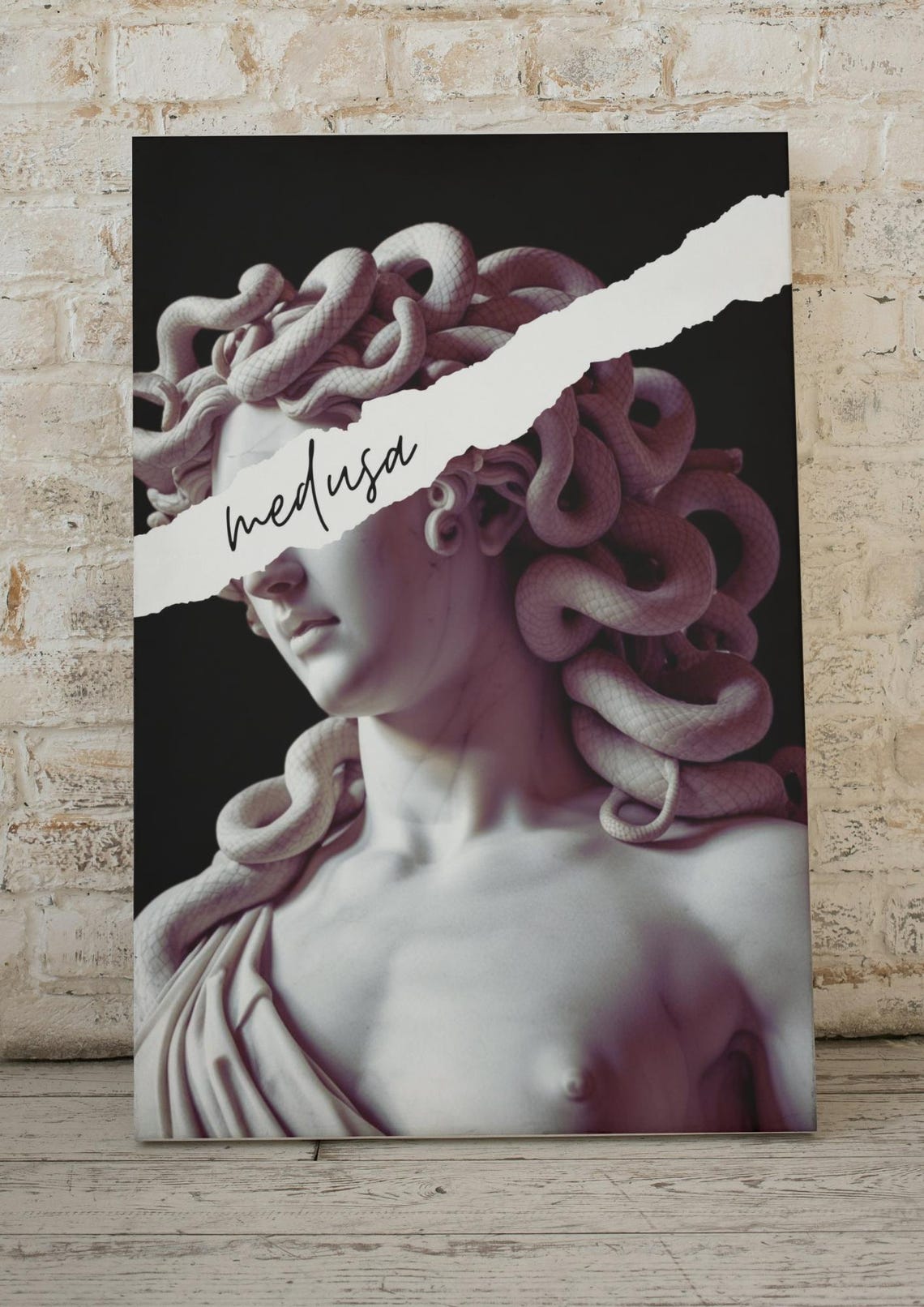 Medusa Marble Statue Greek Myth Snake Hair Torn Paper Poster