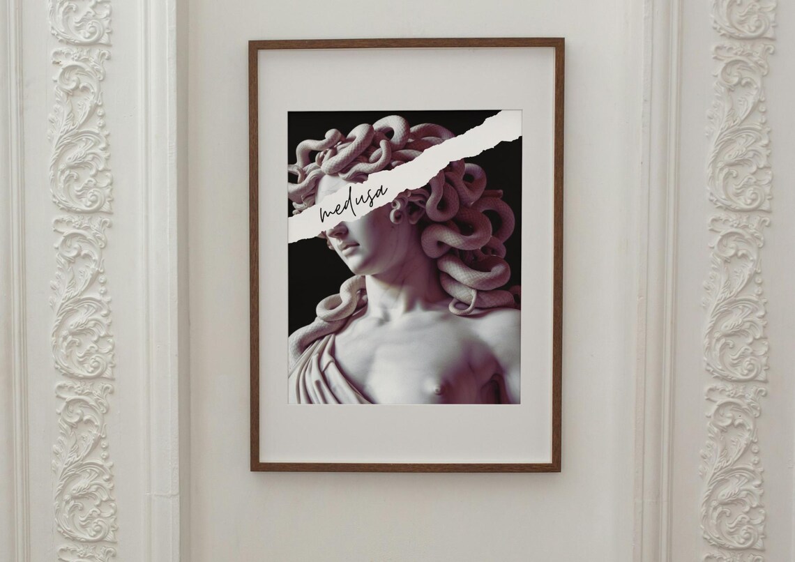 Medusa Marble Statue Greek Myth Snake Hair Torn Paper Poster - Image 2