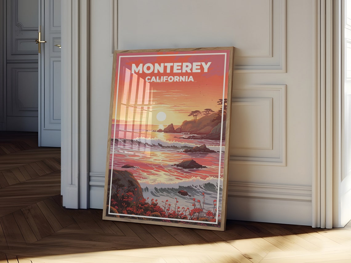 Monterey California Ocean Sunset Waves Red Sky Travel Poster - Image 2