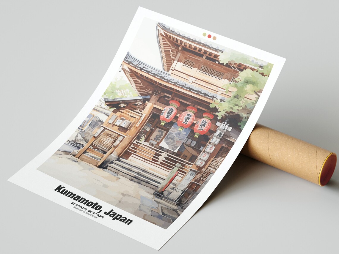 Kumamoto Japan Watercolor Temple Gate Lanterns Travel Poster - Image 2