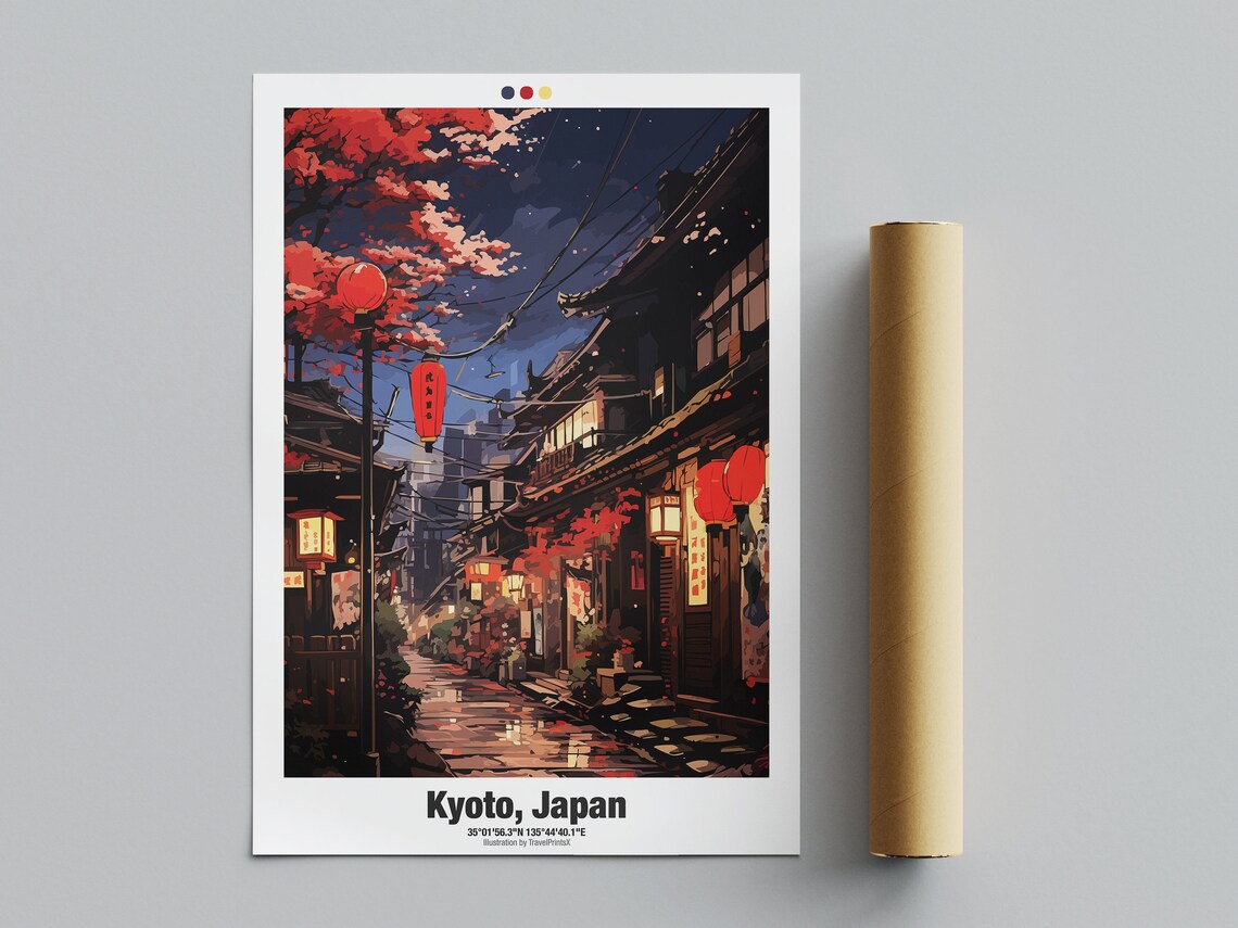 Kyoto Japan Autumn Night Old Alley Glowing Red Lanterns Travel Poster