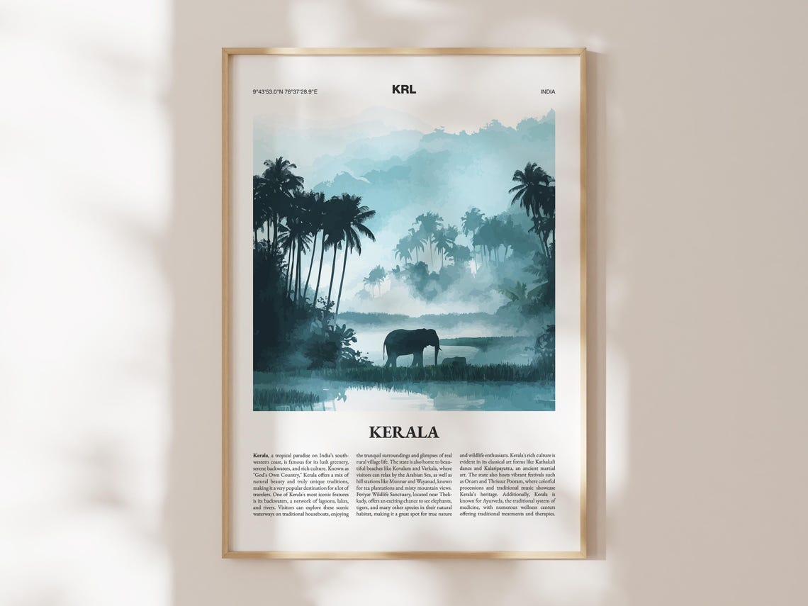 Kerala India Travel Poster City Guide Palms Elephant Misty Art