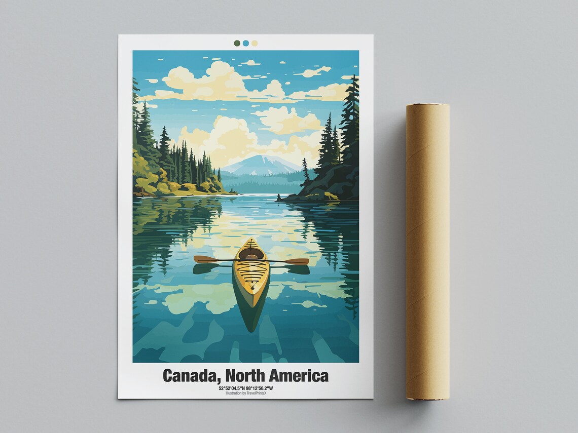 Canada Canoe Mirror Lake Evergreen Forest Mountain Peak Travel Poster