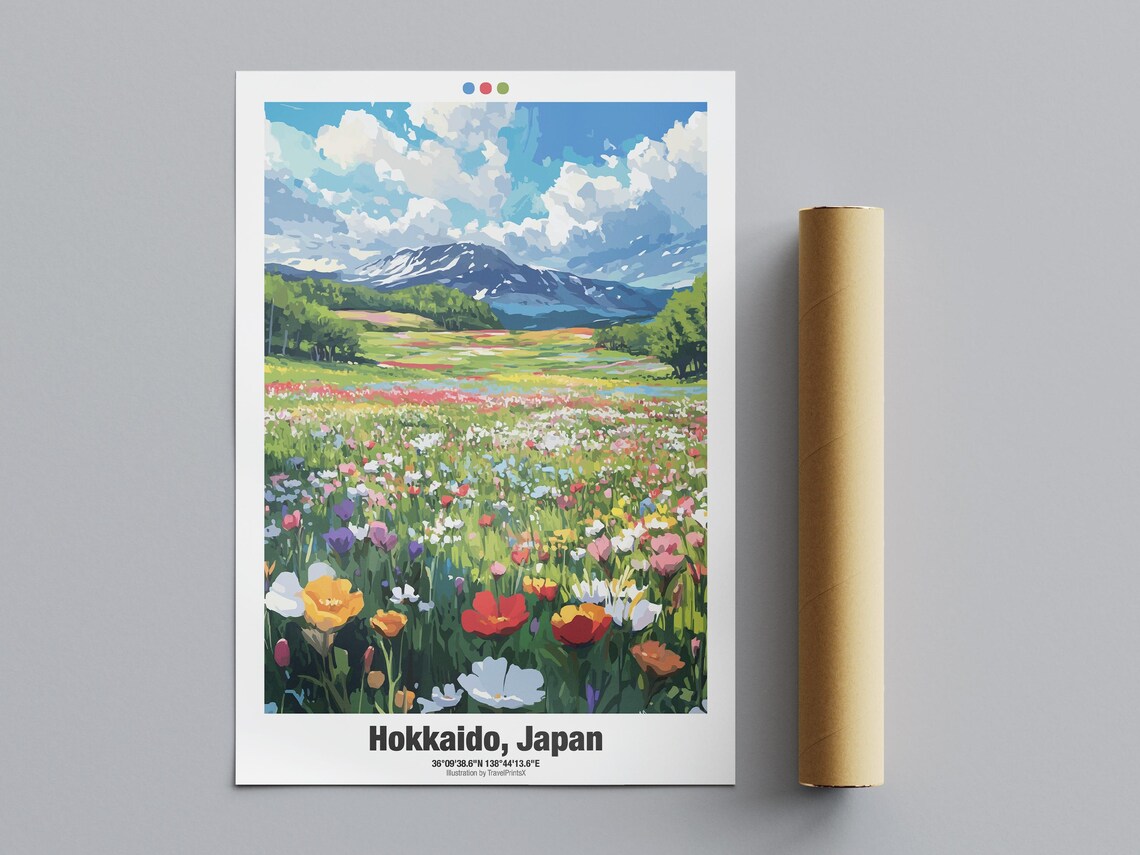 Hokkaido Japan Travel Poster Wildflower Field Snow Mountain Artwork - Image 4