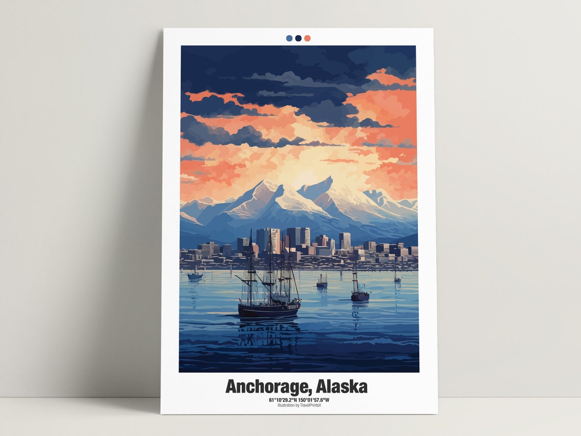 Anchorage Alaska Harbor Snowy Mountain Tall Ships Sunset Travel Poster - Image 3