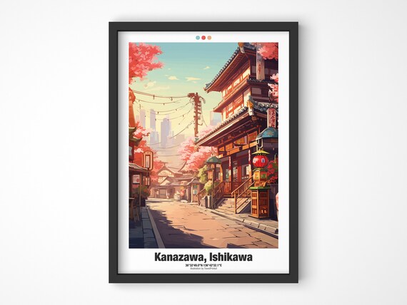 Kanazawa Ishikawa Japan Cherry Blossom Temple Street Travel Poster