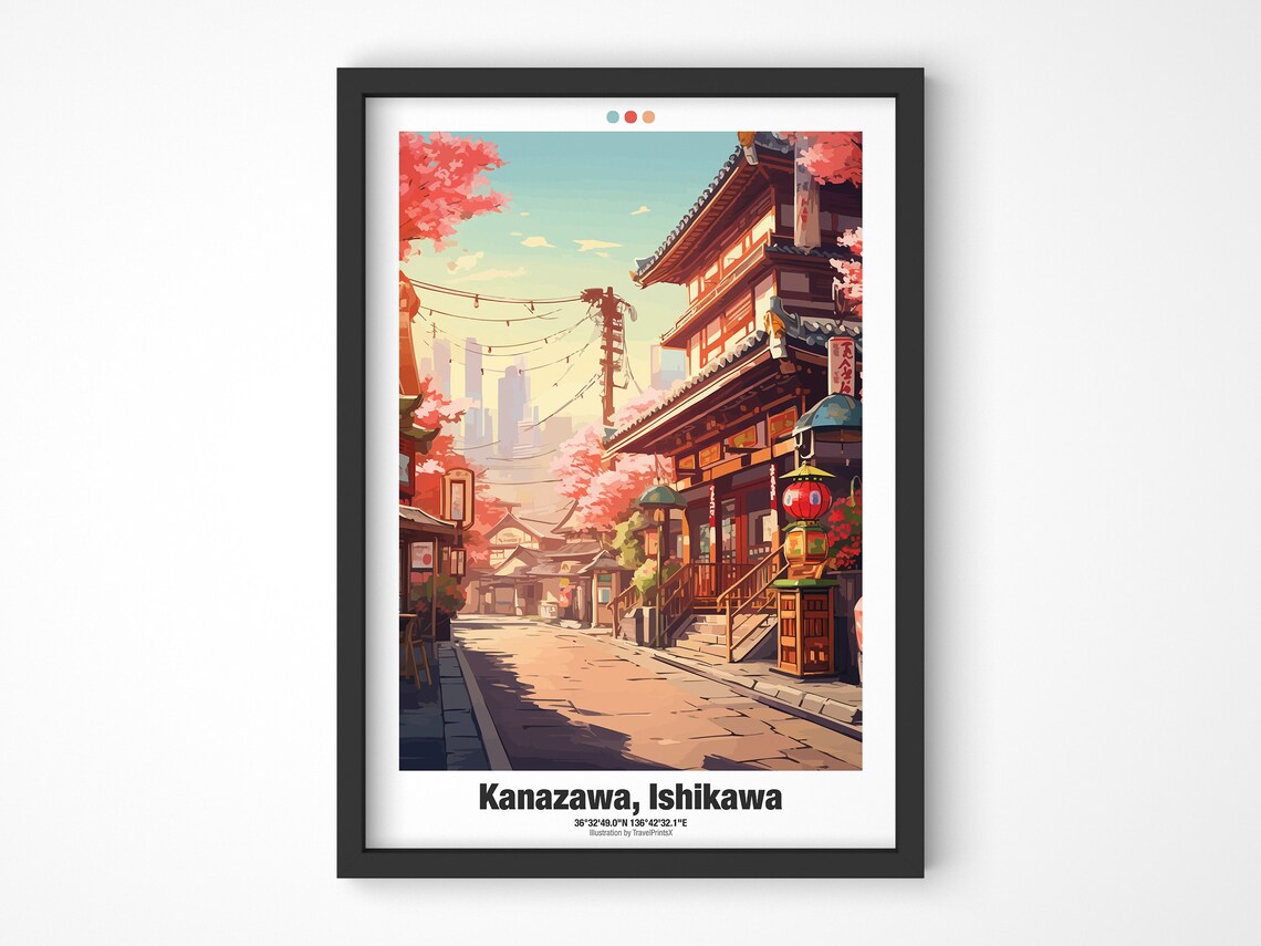 Kanazawa Ishikawa Japan Cherry Blossom Temple Street Travel Poster