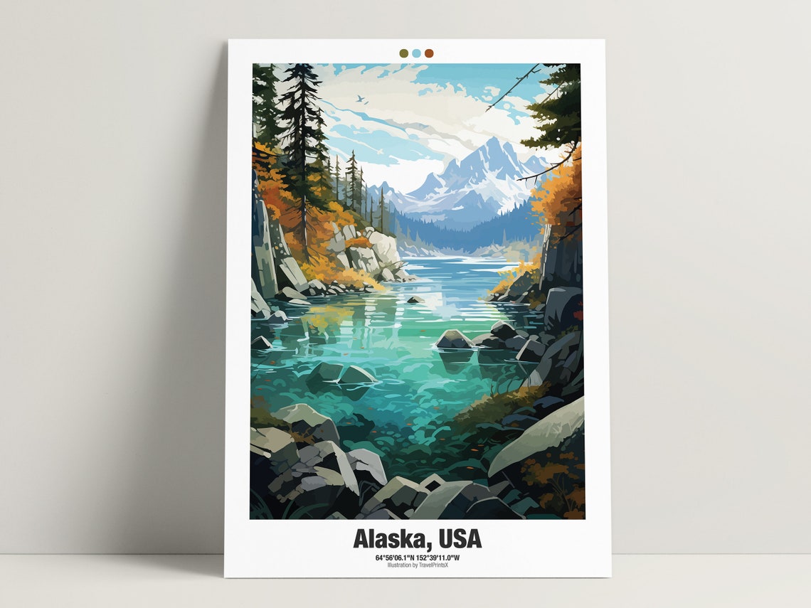 Alaska USA Mountain Lake Turquoise Water Autumn Pine Travel Poster - Image 3
