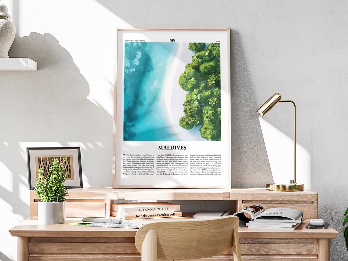 Maldives Tropical Island Travel Poster Aerial Beach Illustration Art - Image 2