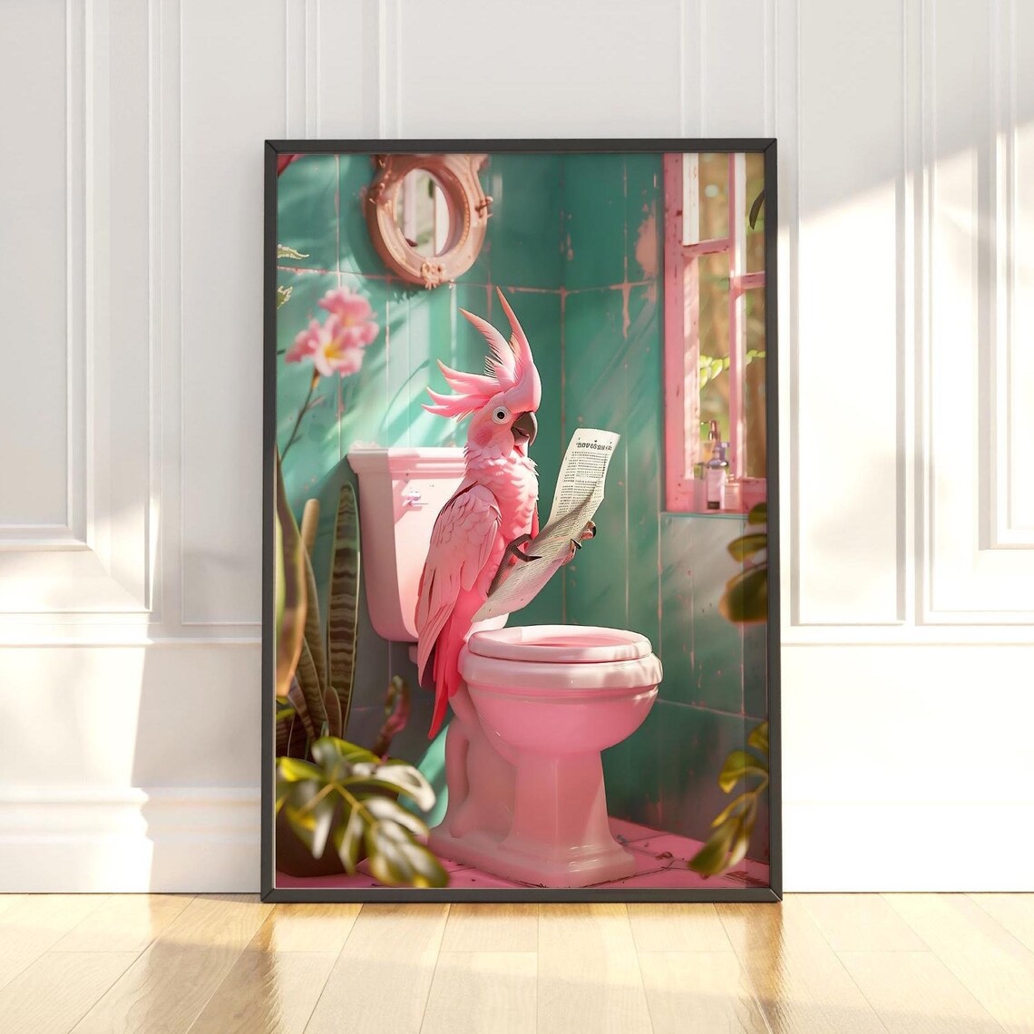 Pink Cockatoo Reading Newspaper On Toilet Bathroom Humor Poster
