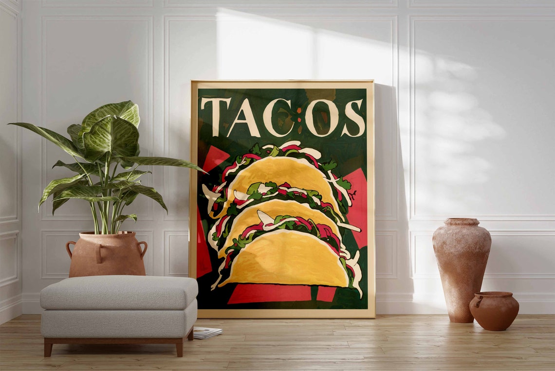 Colorful Tacos Trio Red Onion Cilantro Mexican Kitchen Art Poster - Image 3