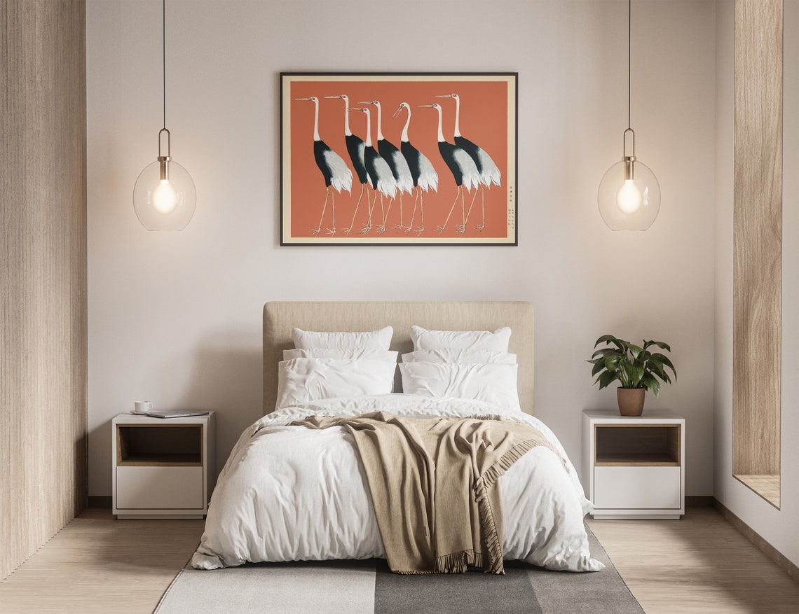 Ogata Korin Eight Red Crowned Cranes On Vermilion Art Poster - Image 2