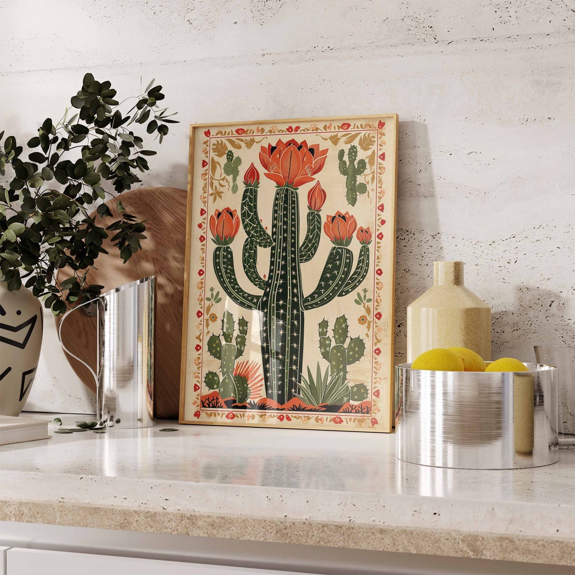 Blooming Saguaro Cactus Mexican Folk Botanical Illustration Art Poster - Image 2