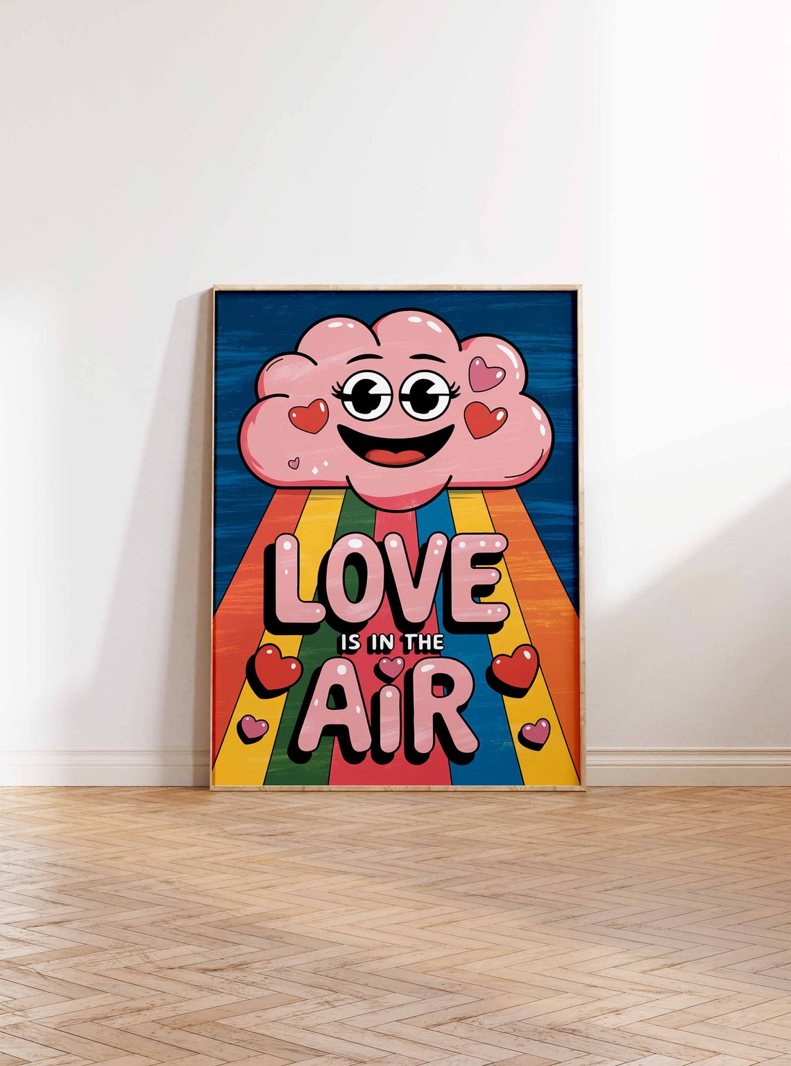 Love Is in the Air Groovy Retro Pop Cloud Rainbow Hearts Poster - Image 2