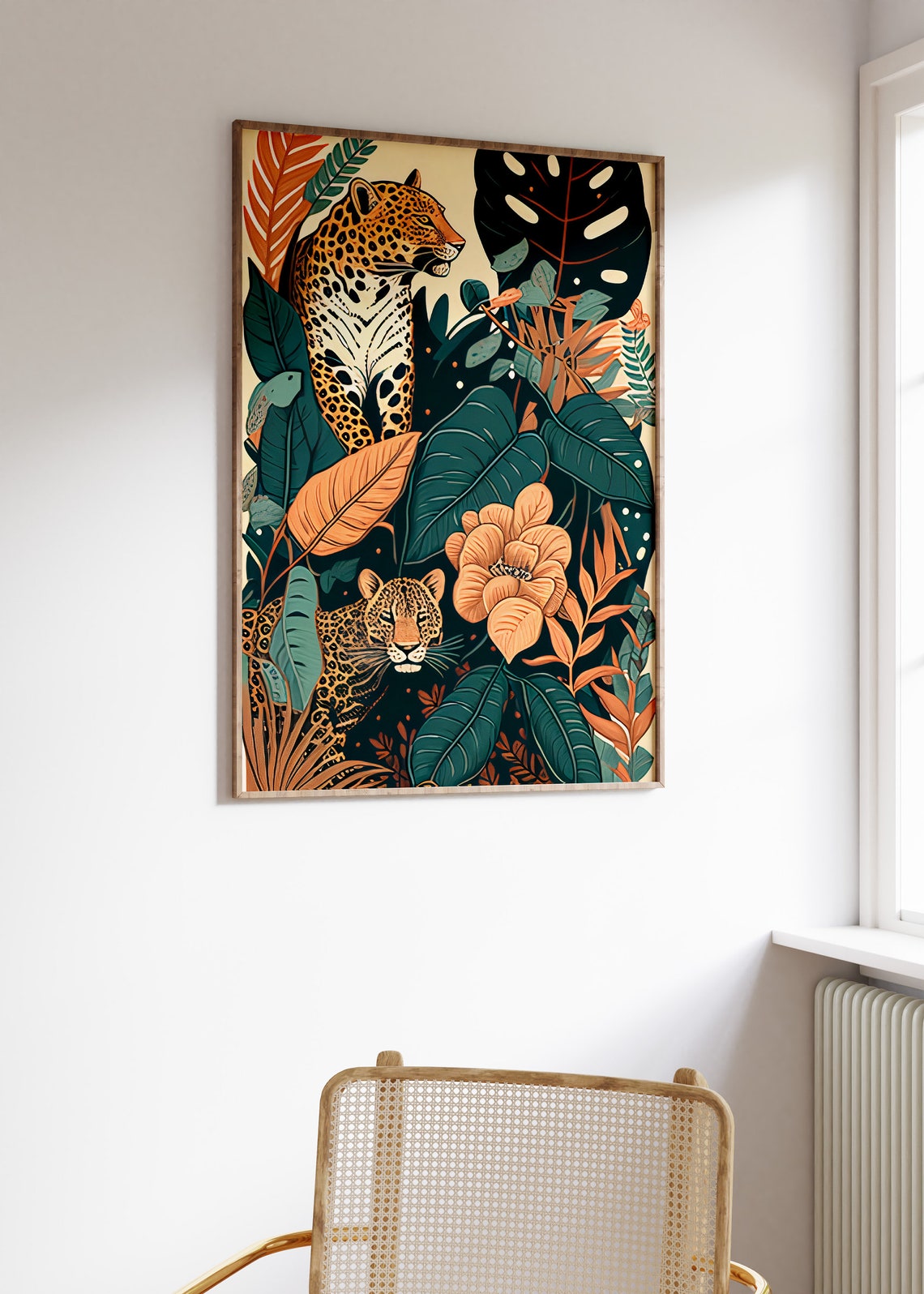 Two Leopards Dark Jungle Floral Tropical Big Cat Botanical Art Poster - Image 3