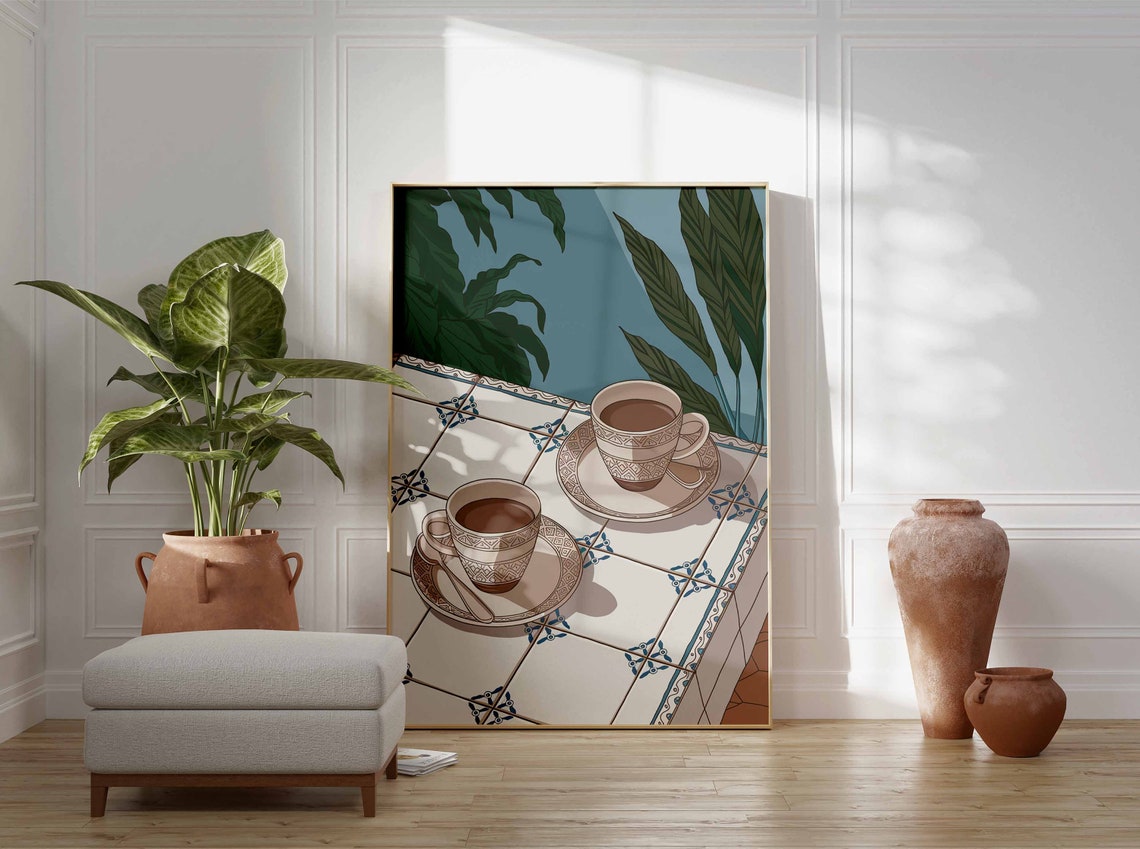 Two Coffee Cups on Tile Table Green Botanical Cafe Art Poster - Image 3