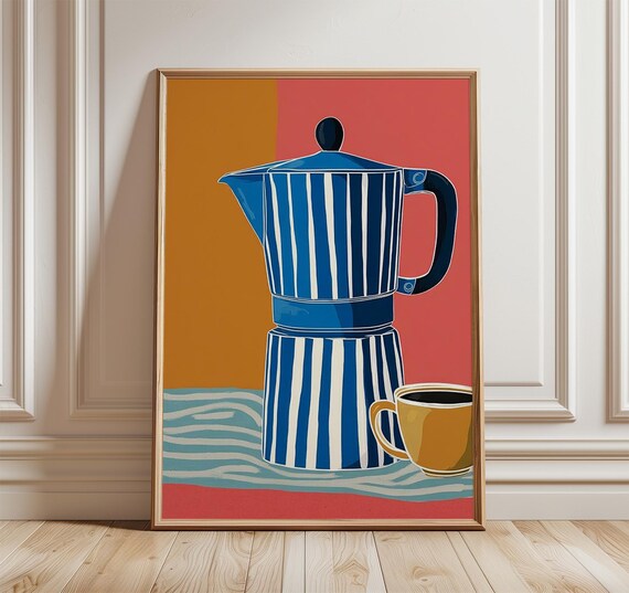 Blue Striped Moka Pot Poster Retro Coffee Art Colorful Kitchen Decor