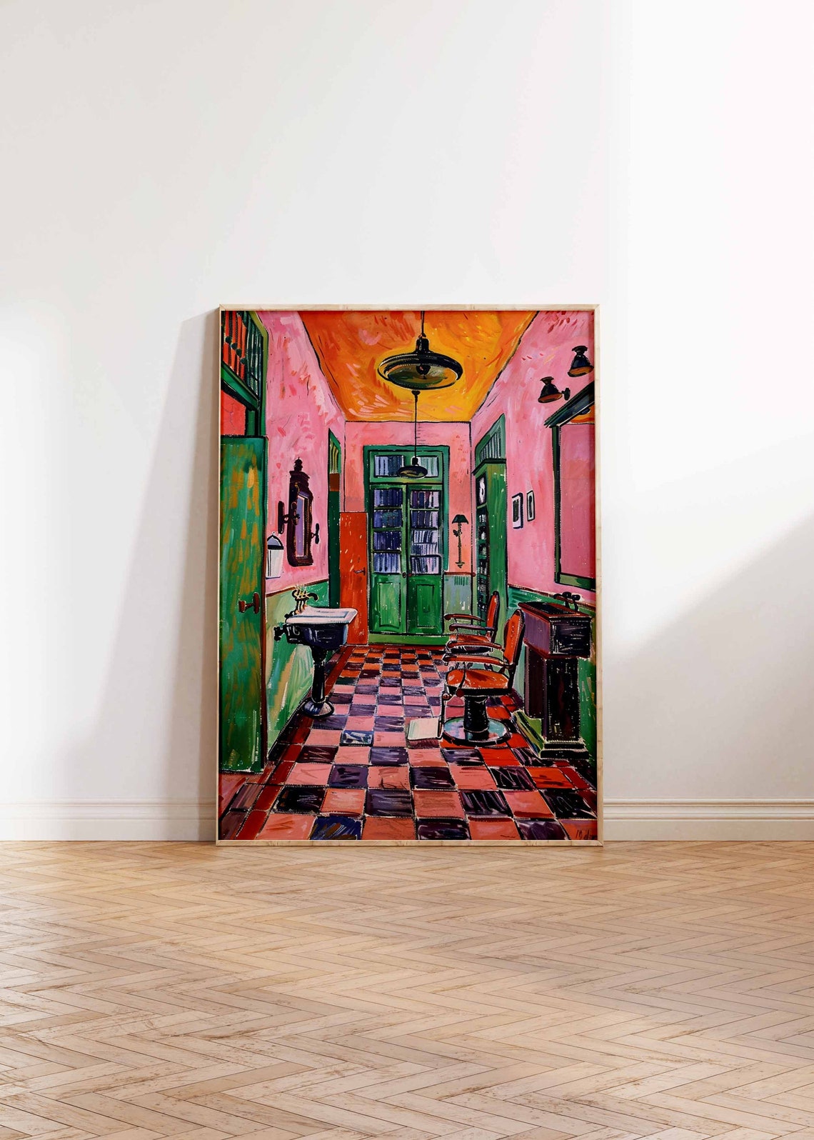 Pink Green Retro Barbershop Checkerboard Salon Interior Poster - Image 2