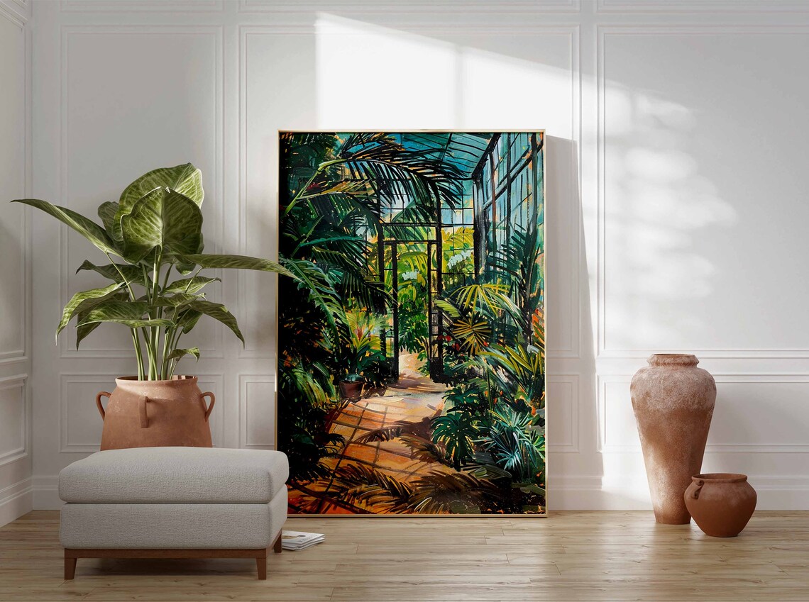 Glass Roof Greenhouse Corridor Stone Path Tropical Painting Poster - Image 2