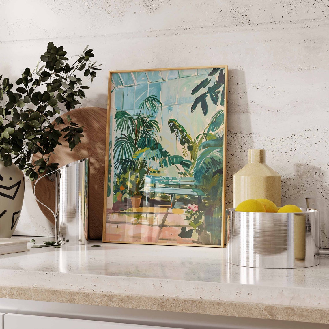 Botanical Greenhouse Bench Palm Plants Sunlit Garden Art Poster - Image 3