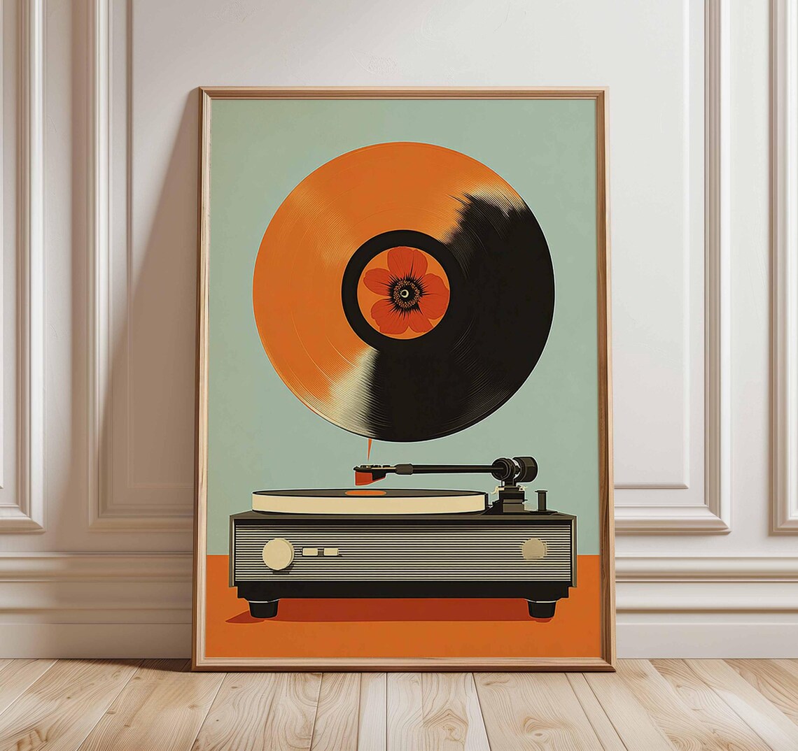Vintage Record Player, Retro Vinyl Flower Poster
