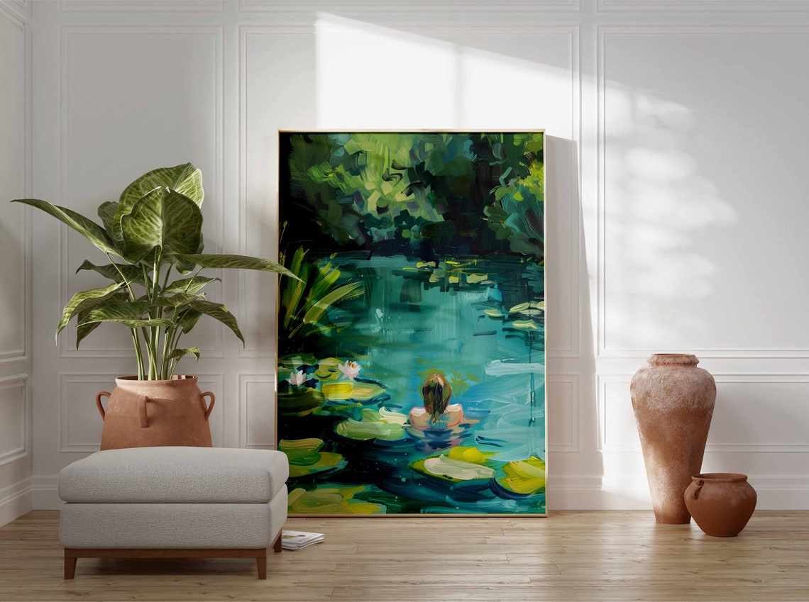 Woman Swimming Among Water Lilies Green Pond Painting Poster - Image 2