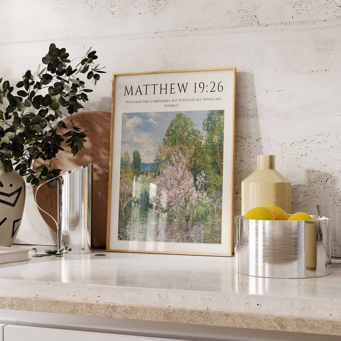 Matthew 19:26 Bible Verse Blossom Tree River Monet Style Christian Art Poster - Image 3