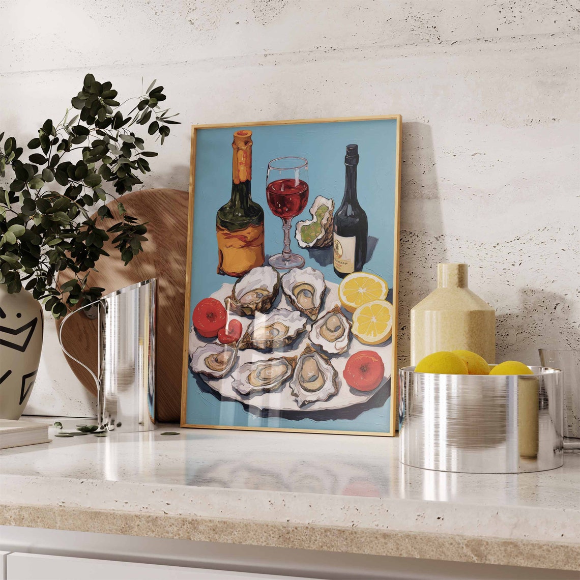 Oysters and Red Wine Still Life French Seafood Kitchen Poster - Image 2