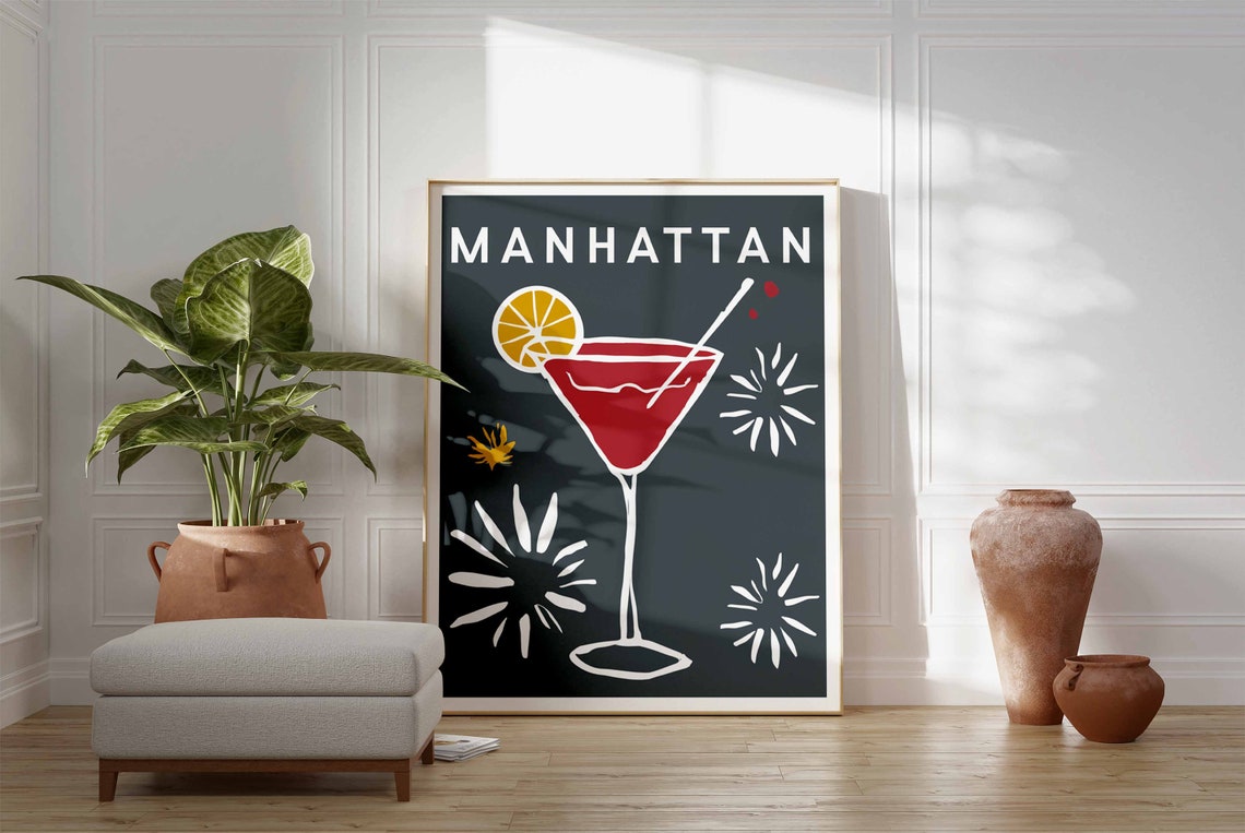 Manhattan Red Martini Glass Lemon Navy Retro Cocktail Bar Poster - Image 3