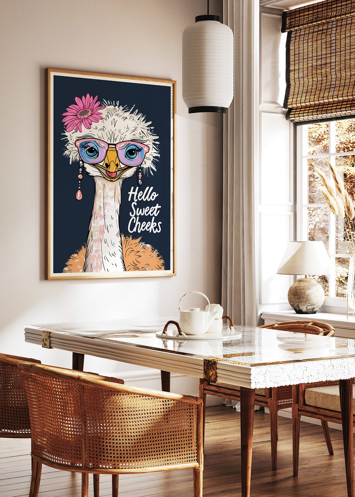 Hello Sweet Cheeks Funny Ostrich with Pink Sunglasses Poster - Image 2