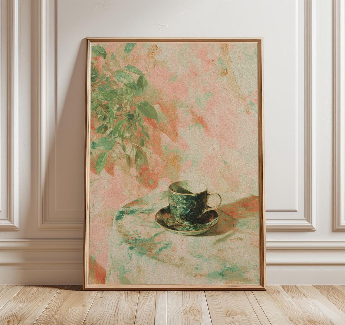 Green Floral Teacup Poster Peach Still Life Botanical Decor Art