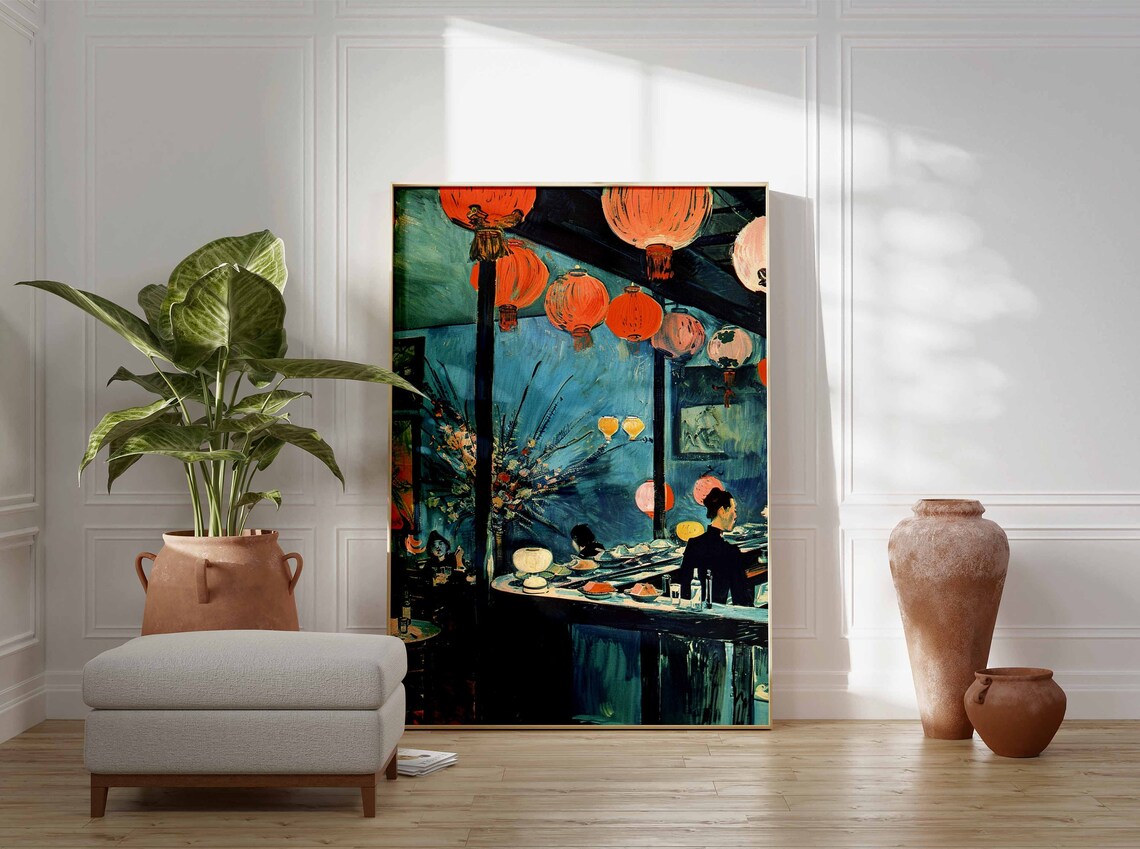 Japanese Sushi Bar With Red Lanterns Impressionist Oil Painting Poster - Image 3
