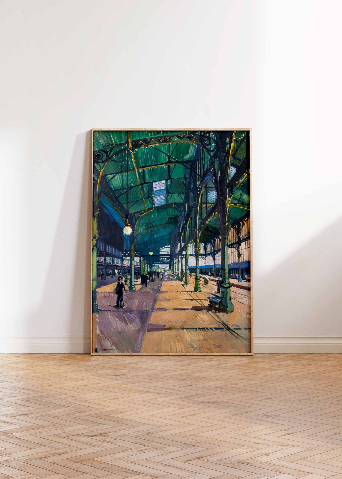 Historic Green Iron Railway Station Hall With Travelers Poster - Image 2