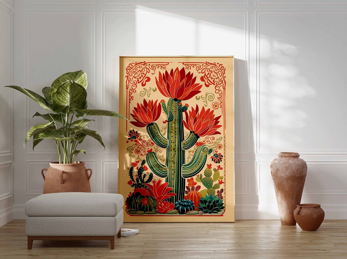 Blooming Saguaro Cactus Red Flowers Vintage Mexican Art Poster - Image 2