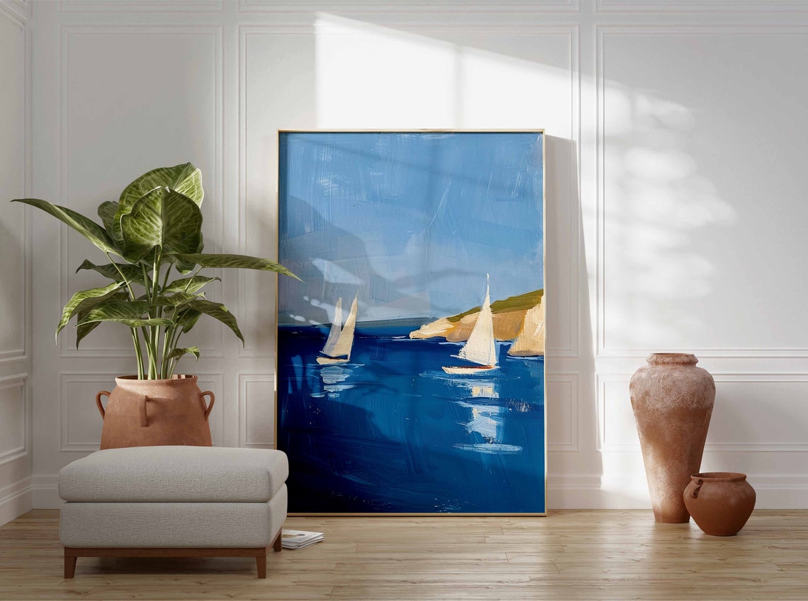 Two Sailboats Near White Cliffs Bright Blue Sea Nautical Art Poster - Image 3