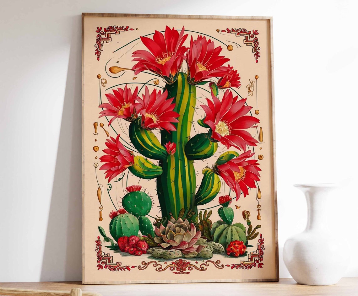 Red Flowering Cactus Succulents Vintage Mexican Botanical Poster