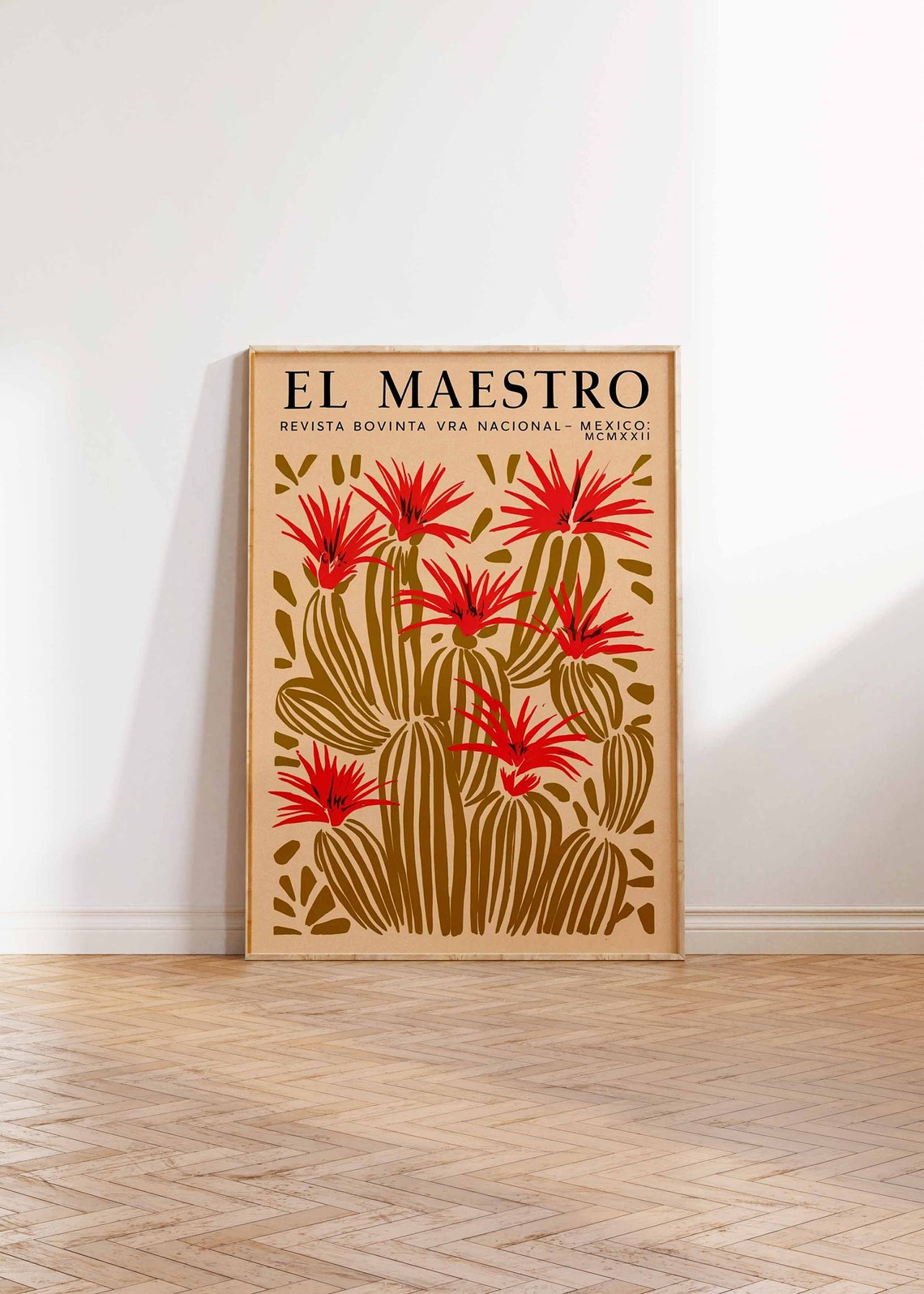 El Maestro Cactus Print Mexico Mid Century Botanical Red Blooms - Image 3