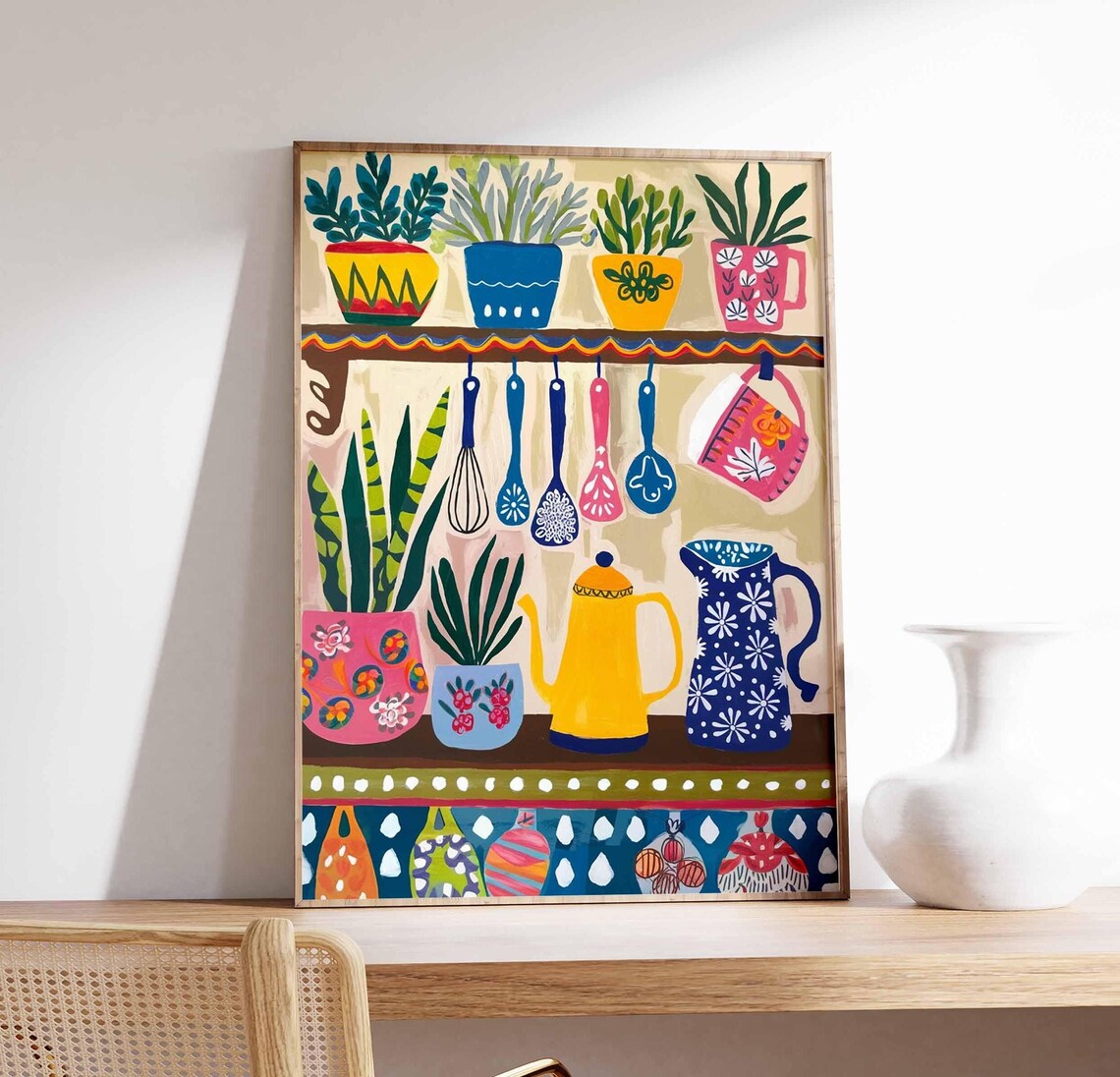 Floral Kitchen Shelf Art Print, Boho Scandinavian Decor